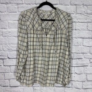 LOFT Plaid Ruffle Tie Neck Blouse Long Sleeve Size XXL